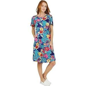Bright Floral 100% Cotton Casual Knit Boho Knee / Midi Dress Teal Navy Medium